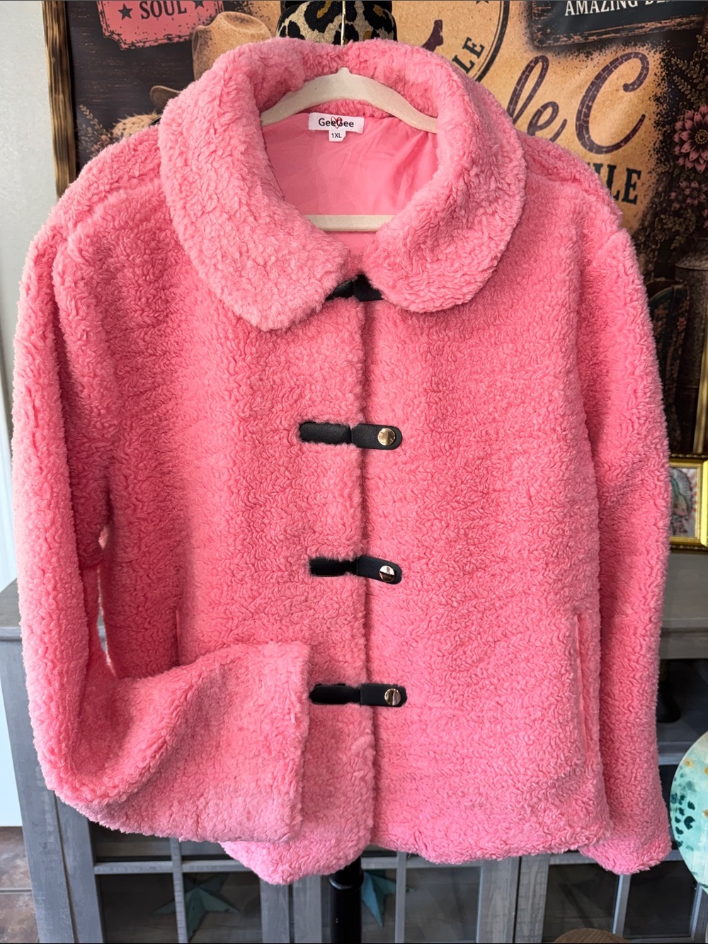 GeeGee Pink Faux-Shearling Toggle Jacket Sz 1XL - Picture 3 of 7
